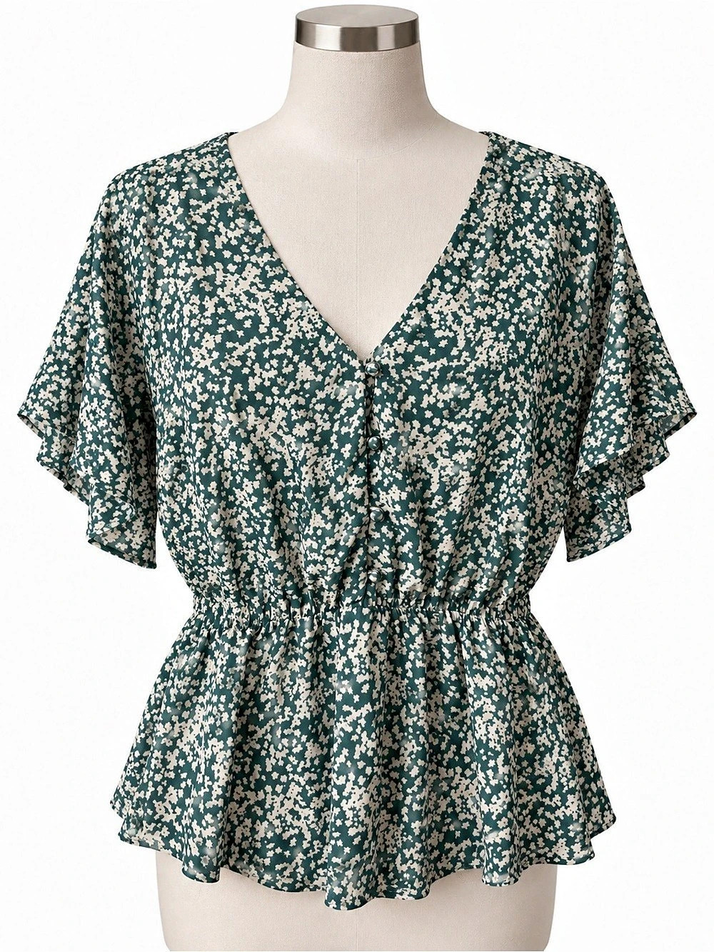 Sienna Sky Floral V-Neck Blouse in Green & White Size Medium
